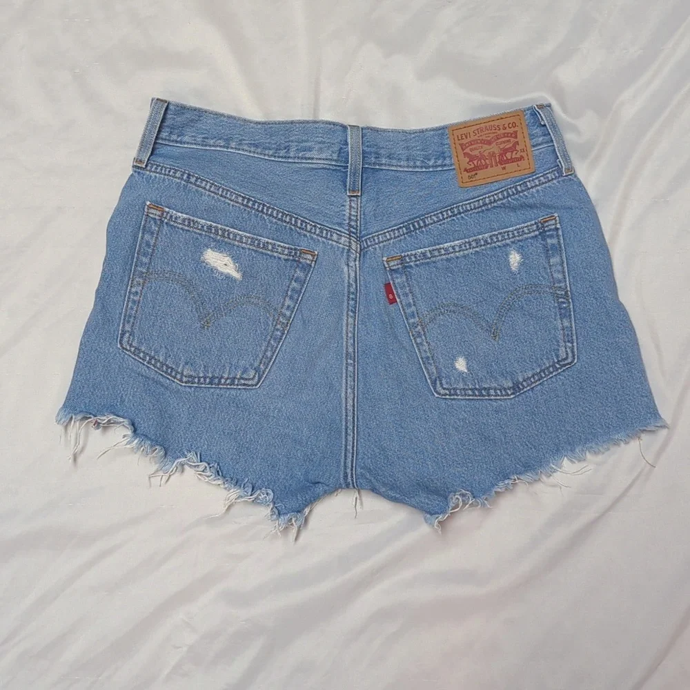 Levi's 501 Classic High Rise Button Fly Cut Off Distressed Shorts Light Wash